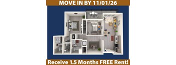 A promotional image for a move-in offer on November 1st, featuring a detailed 3D floor plan of a property.