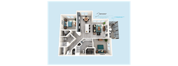 A 3D floor plan of a house with labeled rooms.