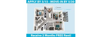 A 3D floor plan of an apartment with a kitchen, living room, and bedrooms.