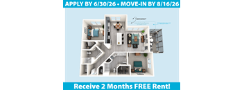 Apartment layout with a 2 months free rent offer.