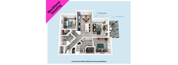 A 3D diagram of a workforce housing apartment layout.
