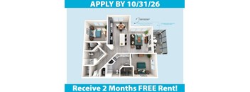A poster advertising a free 2 months rent offer for a property with a floor plan displayed.