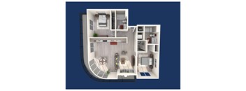 A 3D floor plan of a house with a living room, kitchen, and two bedrooms.