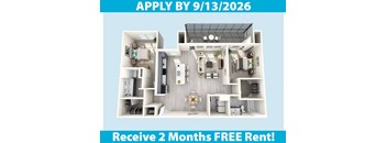 A poster advertising a free 2 months rent if you apply by 9/13/2026.