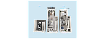 a 3d floor plan of a house with a blue background and three different views of the