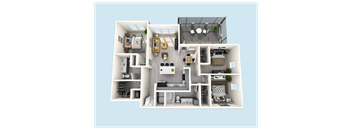A 3D floor plan of a house with a kitchen, living room, and bedrooms.