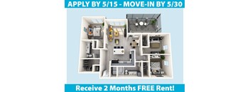 Apartment complex advertises 2 months free rent with an application deadline of May 15th and a move-in deadline of May 30th.