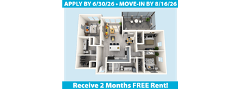 A 3D floor plan of an apartment with a deadline to apply by June 30th and move in by August 16th.