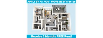 Apartment layout with a 2 months free rent offer.