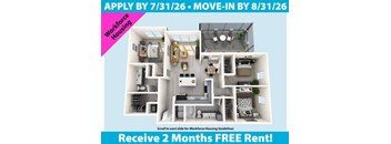A slide advertising a 2 months free rent for workforce housing, with an image of a 3D floor plan of a house.