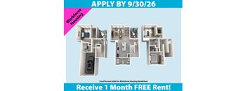 Three images of apartment layouts are displayed with a call to action to apply by a deadline and receive a free one-month rent.