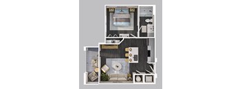 A modern, minimalist interior design layout with a focus on a central living area.