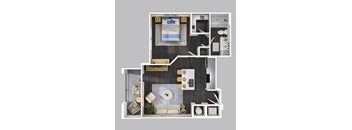 A floor plan of a modern apartment with a living room, kitchen, and bedroom.