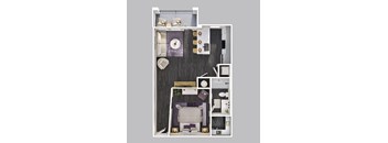A top-down view of a small apartment layout with a living room, kitchen, and bathroom.