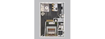 A top-down view of a small apartment with a bed, a couch, a table, and a kitchenette.