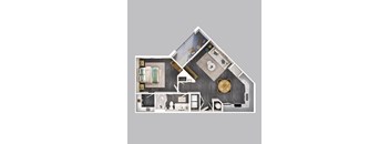 A cutaway view of a house showing the layout of the rooms.