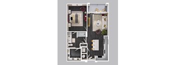 A top-down view of a small apartment with a living room, kitchen, and bathroom.