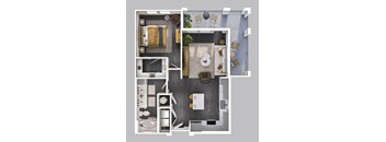 A top-down view of a modern apartment layout with a kitchen, living room, and bathroom.