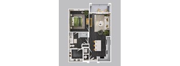 A top-down view of a modern apartment layout with a living room, kitchen, dining area, and bedroom.