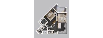 A top-down view of a house layout with a kitchen, living room, and bathroom.