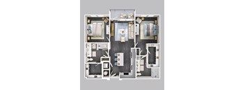 A top-down view of a small apartment layout with a kitchen, living room, and bathroom.