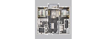 A top-down view of a modern, well-organized bathroom with a large mirror and a separate shower area.