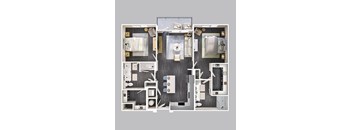 A top-down view of a modern apartment layout with a kitchen, living room, and bedrooms.