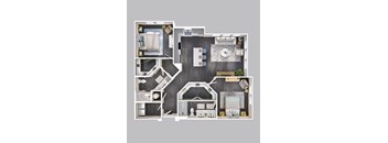 A floor plan of a house with a kitchen, living room, dining room, and bathroom.