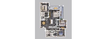 A top-down view of a house layout with multiple rooms and furniture.