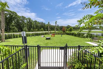 A black fence surrounds a yard with a white gate.
