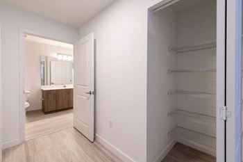 a closet in a bathroom with a toilet and a sink