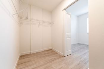 a bedroom with a closet and a door to a closet