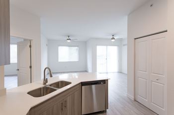 A modern kitchen with a sink and a dishwasher.