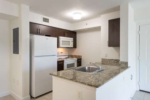 A kitchen with a granite counter top and stainless steel appliances.