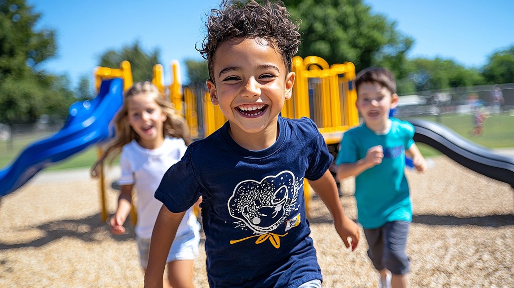 A child in a blue shirt with a dinosaur print is running on a playground.