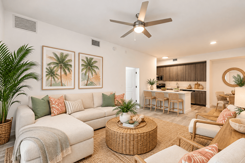 A living room with a white couch, a wicker table, and a ceiling fan.