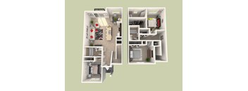 A floor plan of a two-story apartment with a living room, kitchen, bedrooms, and bathrooms.