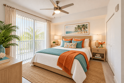 A bedroom with a bed, a ceiling fan, and a painting of a beach scene on the wall.