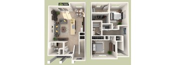 A 3D floor plan of a house showing the layout of the rooms.
