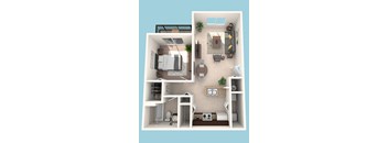 A 3D floor plan of a small apartment with a kitchen, living room, and bathroom.
