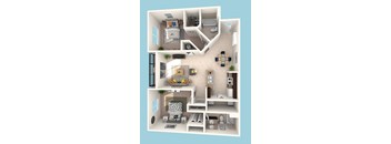 A 3D floor plan of a house showing a living room, kitchen, dining room, and bedrooms.
