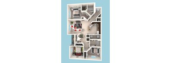 A 3D floor plan of a small apartment with a bedroom, living room, kitchen, and bathroom.