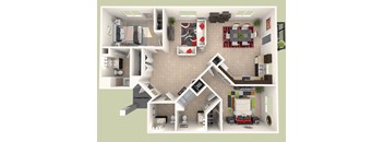 A 3D rendered image of a house layout.