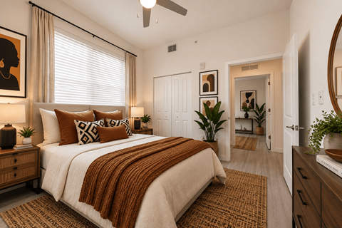 A bedroom with a large bed and a ceiling fan.