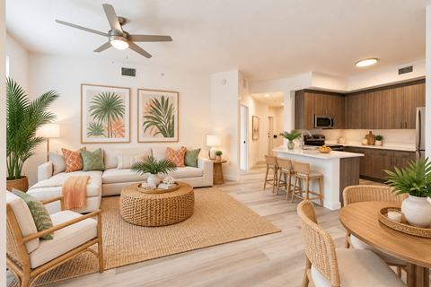 A living room with a white couch, a coffee table, and a ceiling fan.