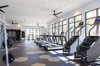 A gym with treadmills, weights, and a fan.