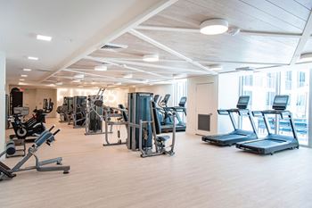 a large fitness gym with cardio machines and weights