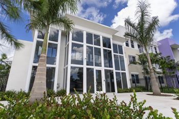 A white building with a black fence and palm trees in front.