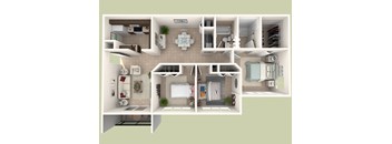 A top-down view of a small apartment with a kitchen, living room, and bathroom.