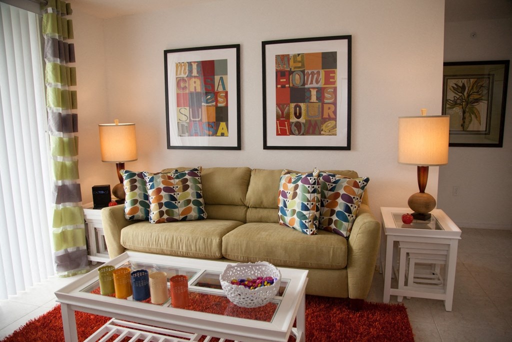a living room with a couch and a coffee table